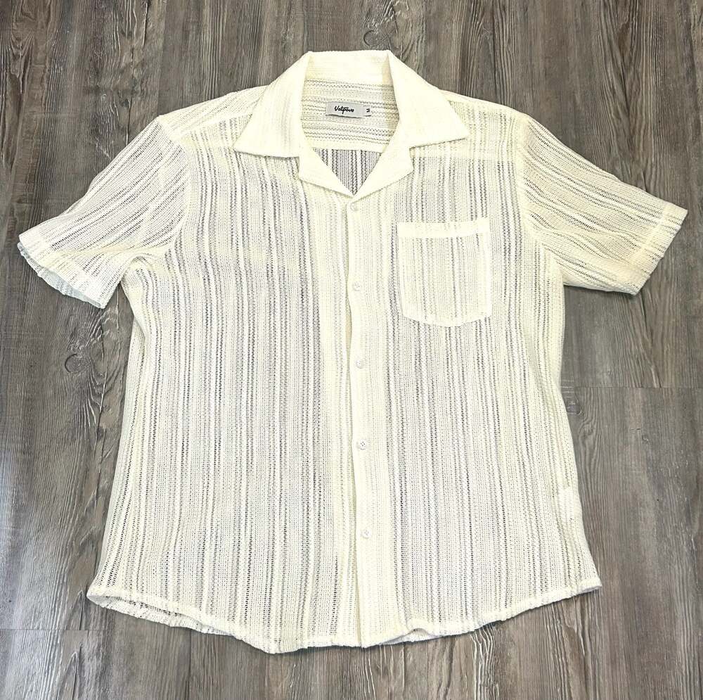 Vatpave Men's Off-White Textured Open Weave Short Sleeve Button-Up Shirt
